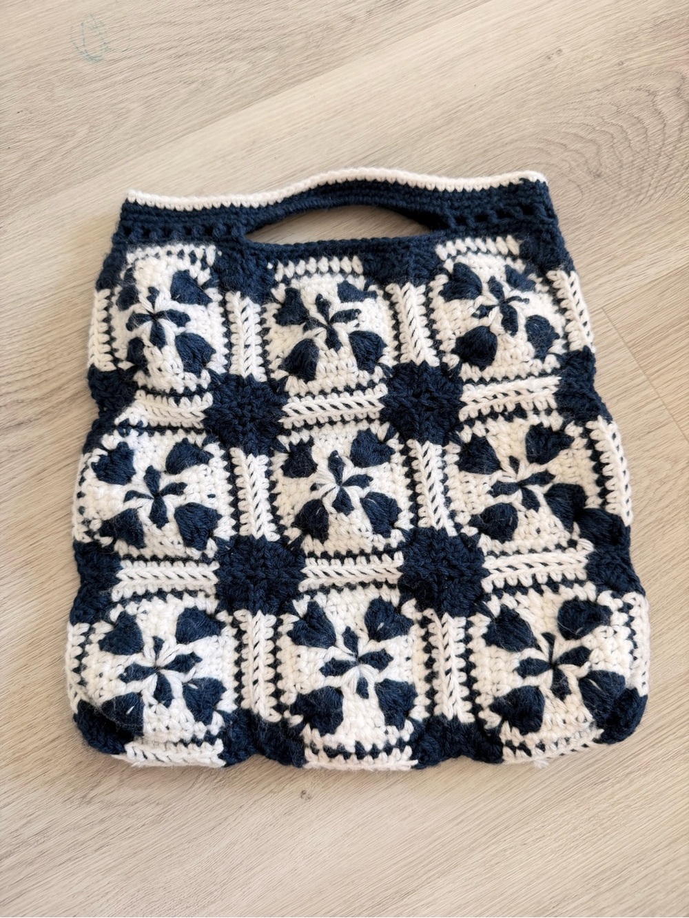 Handmade Navy & Cream Crochet Floral Tote Bag